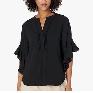 Vince Camuto Plus Women's Split Button Neck Ruffle 3/4 Sleeve Black Blouse SZ 1X